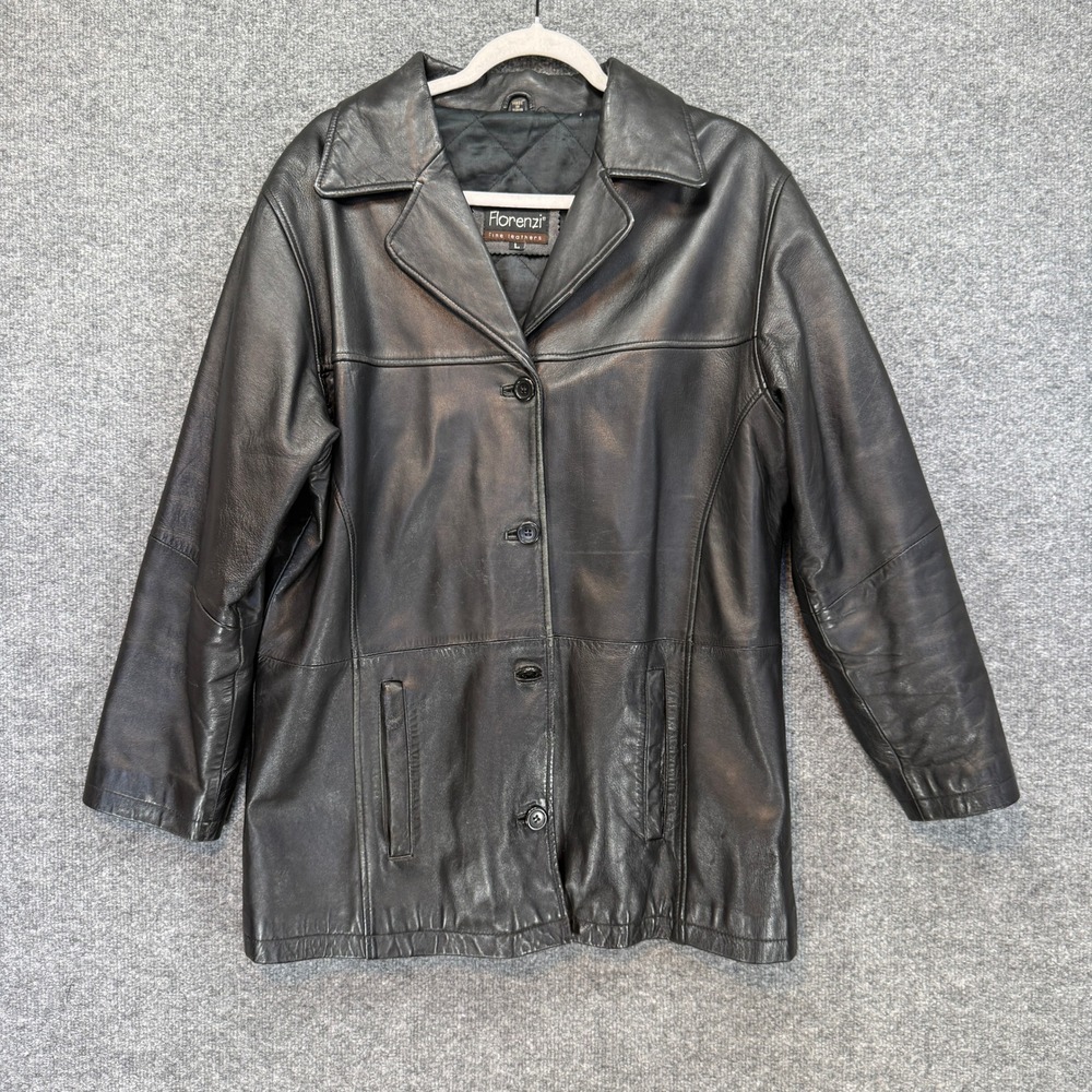 Vintage Leather Jacket Women Large Black Quilted Button Front Oversized 90s‎ Y2K